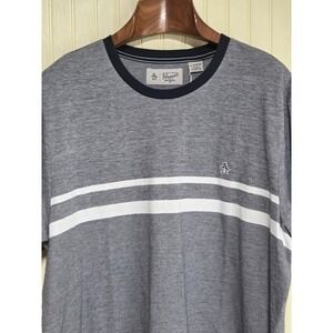 Original Penguin Shirt Mens XL Blue Striped Crewneck Embroidered Logo Cotton Tee